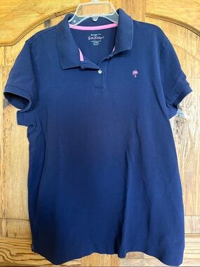 Lilly Pulitzer Navy Polo with Pink Palm Logo